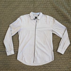 Mens Hugo BOSS Button up micro hounds tooth in blue and brown. Slim fit Large.